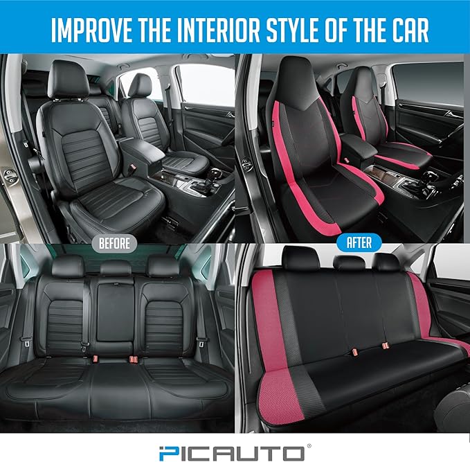 PIC AUTO Leather Car Seat Covers, Sports Carbon Fiber & Mesh Design, High-Back Front & Rear Full Set, Waterproof Automotive Seat Covers, Airbag Compatible, Universal Fit for Most Cars (Black&HotPink)