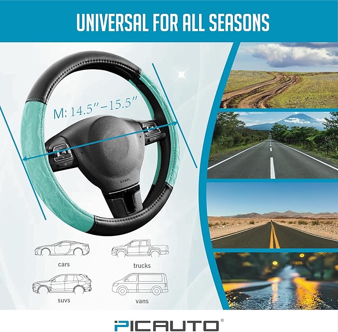 PIC AUTO Steering Wheel Cover, Silk Grain Leather Car Steering Wheel Protector, Comfortable Grip, Universal 14.5-15.5 Inch Anti-Slip Steering Wheels Accessories for Men & Women (Mint)