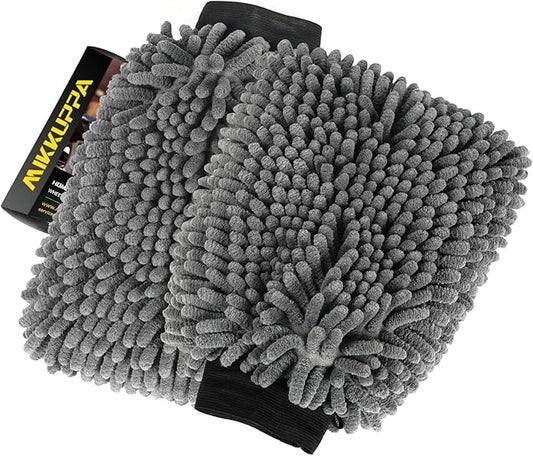 MIKKUPPA Car Wash Mitt Microfiber - Double-Sided Chenille Scratch Free Mitt with Waterproof Inner for Car Washing Home Cleaning (Gray, 2Pack, 10'' x 7'')