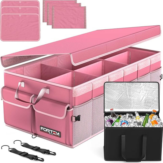 FORTEM Trunk Organizer with Cooler For SUV Car Trunk, Foldable Storage, Car Accessories for Women Men, Collapsible Multi Compartment, 600D Oxford, Non Slip Bottom, Securing Straps, Soft Cover (105L)