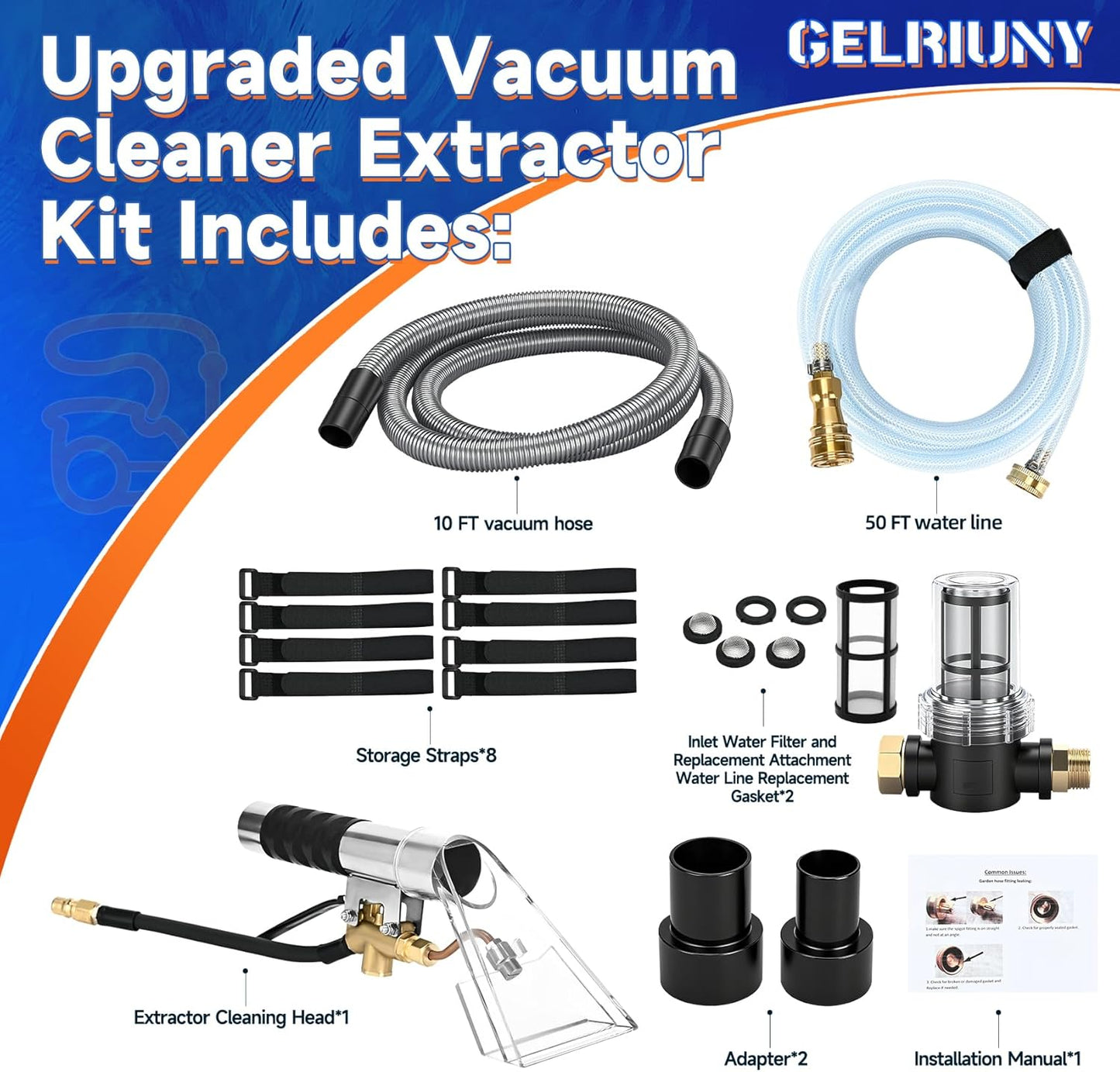 Upgraded Vacuum Cleaner Extractor Kit Compatible with Shop Vac, 50 FT Waterline, Carpet and Upholstery Cleaning Extractor Hose Kit with Hose and Adapter for Home and Car Cleaning, 10 FT Vacuum Hose