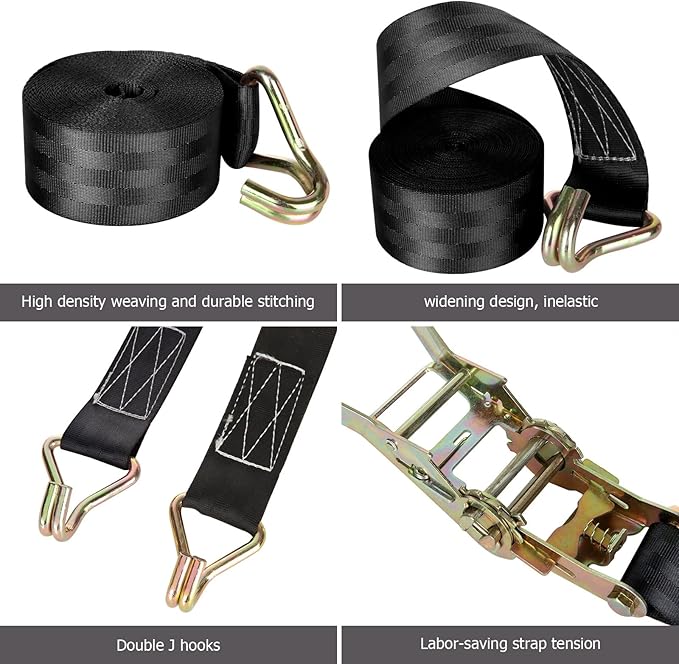4 Pack 2 Inch Ratchet Straps Heavy Duty 20ft Tie Down Straps Ratchet with Double J Hook, 8000 LBS Break Strength, Cargo Ratchet Straps for Truck, Trailers, Motorcycle, Kayaks, Car Roof