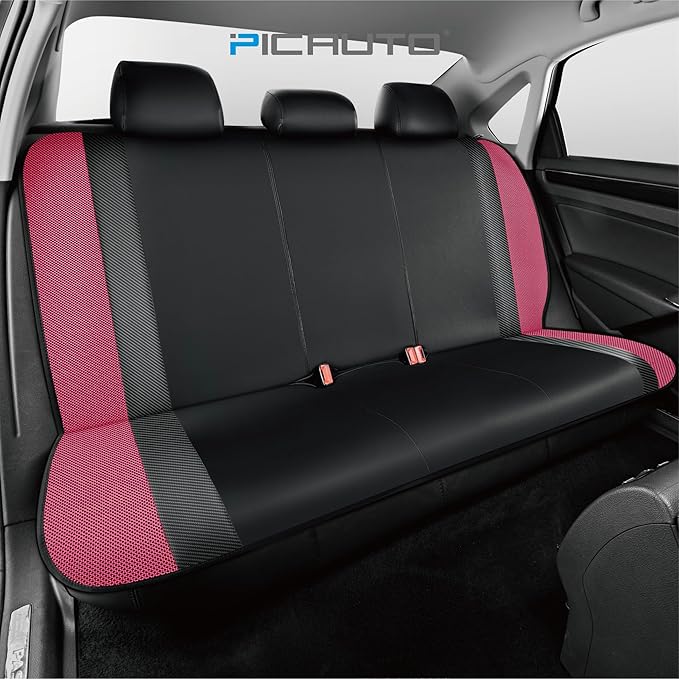 PIC AUTO Leather Car Seat Covers, Sports Carbon Fiber & Mesh Design, High-Back Front & Rear Full Set, Waterproof Automotive Seat Covers, Airbag Compatible, Universal Fit for Most Cars (Black&HotPink)