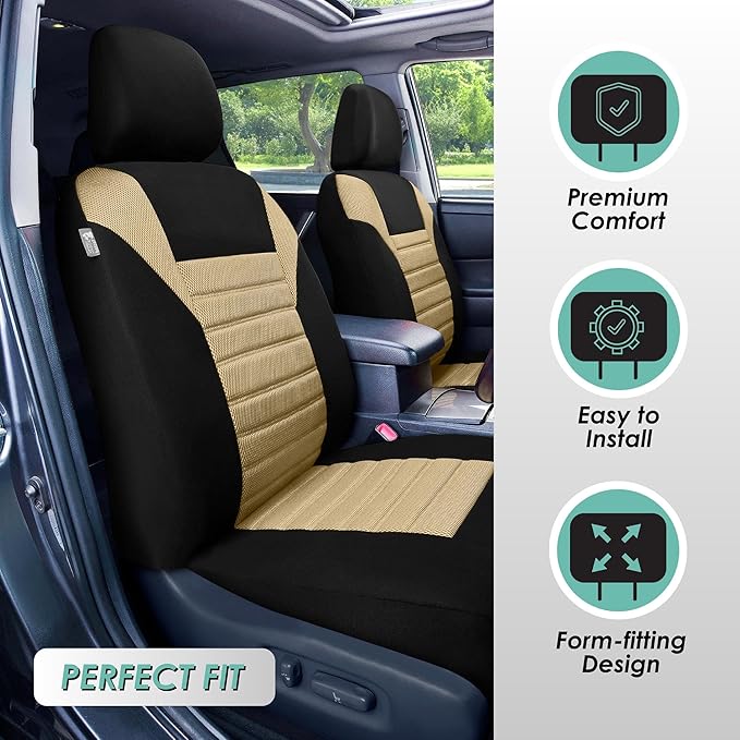 FH Group Automotive Car Seat Covers Front Set Premium 3D Air Mesh Front Seat Covers, Airbag Compatible Universal Fit Interior Accessories for Cars Trucks and SUVs - Beige