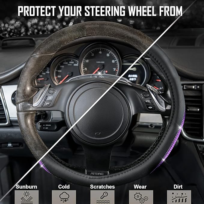 CAR PASS Bling Diamond Black Leather Steering Wheel Cover, Studded Crystal Rhinestones Universal Fit 14" 1/2-15" Glitter for Women Sparkle Girl Fit Suvs,Vans,Sedans,Car,Trucks, Purple Diamond