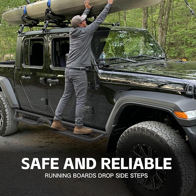 Running Boards Compatible with 2020-2026 Jeep Gladiator JT 4 Doors, Two Stairs Design Side Steps Heavy-Duty Steel Nerf Bars Bolt-on Step Plates RockSliders Rail. Black