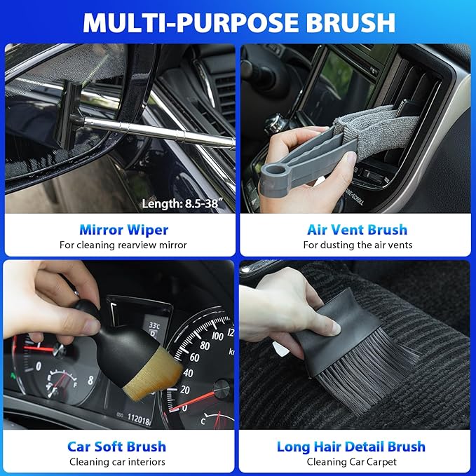 THINKWORK Car Cleaning Kit, Car Detailing Kit Interior Cleaner with High Power Handheld Vacuum, 10Pcs Detailing Brush and Storage Bag, Gray Auto Interior Cleaning Kit for Men