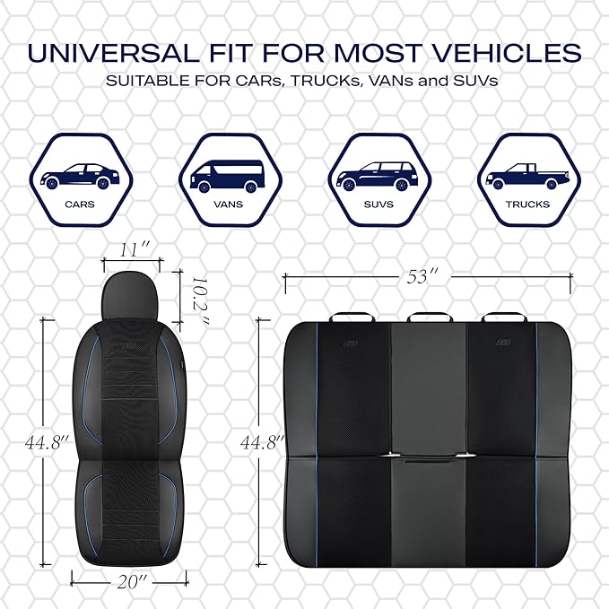 Skechers Air-Cooled Memory Foam Seat Covers,Mesh Thick Car Seat Covers,Piping Leather Car Seat Cover,Airbag Compatible,Automotive Comfort for Most Cars, Vans, Trucks, SUV(Blue,Full Set)