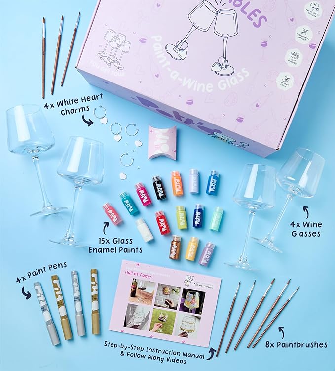 Pott’d Paintables Paint-a-Wine Glass Kit – DIY Glass Painting Kit for Adults with Wine Glasses, Enamel Paints, Brushes, Pens and Charms, Craft Kit for Adults, Perfect for Beginners
