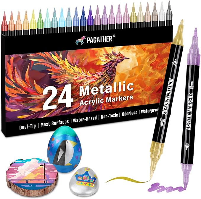 24 Metallic Colors Acrylic Paint Markers, Dual Tip with Fine Tip and Brush Tip Pens for Stone, Wood, Calligraphy, Canvas, Ceramic, Metal, Glass, Rock Painting, DIY Crafts