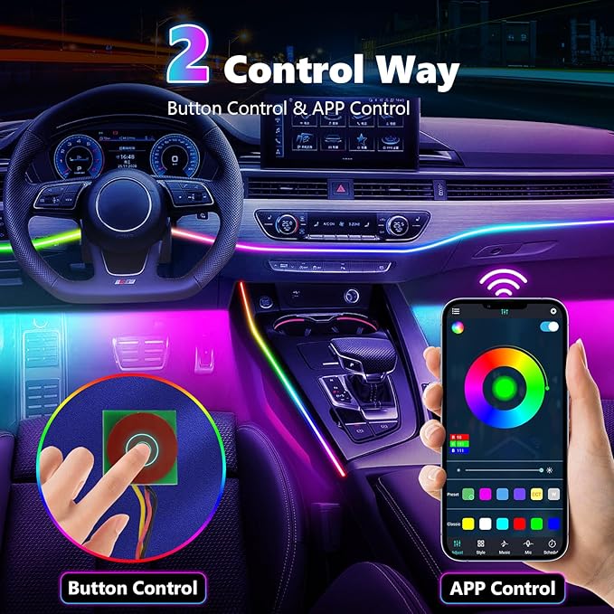 Acrylic Interior Car Light, AMKI Car LED Strip Light with APP Sub Control, Car Accessories Fiber Optic Car Ambient Light Kit with RGB Dreamcolor 22 in 1 and 175 inches 593 LEDs 213 DIY and Music Modes