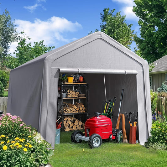 Quictent Heavy Duty 8x12FT Carport Shelter with Roll-Up Mesh Windows & Reinforced Frame, Portable Garage Canopy for Motorcycle Storage, Outdoor Equipment, Patio Furniture Cover - Silver Gray