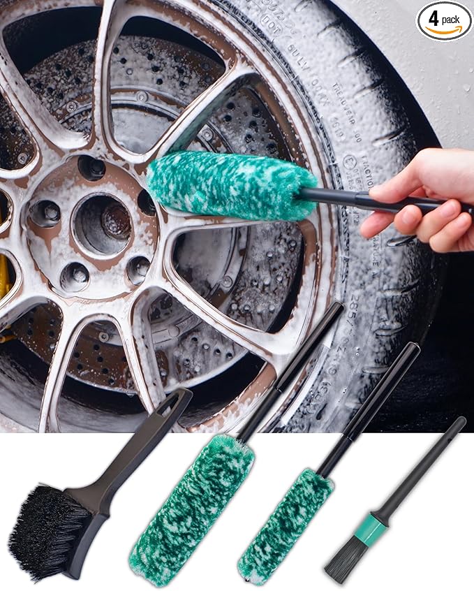 Wheel Brushes for Cleaning Wheels (4 Pro Pack)- 2X Soft Wheel Cleaning Woolies Brush, Detailing Brush and Stiff Tire Brush, Scratch Free Durable Car Wheel Rim Brush Kit for Car Rim and Tire Detailing
