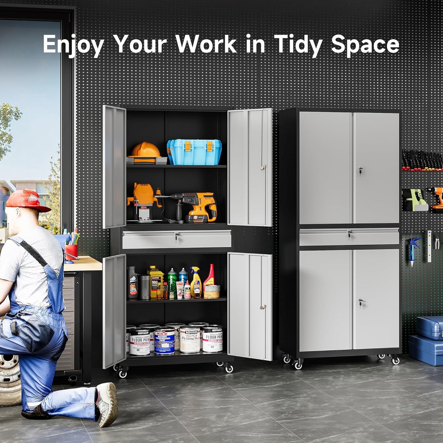 Metal Garage Storage Cabinet with Wheels and Drawer,Gray Rolling Garage Cabinet with Locking Doors and Adjustable Shelves,73" Tall Mobile Metal Storage Cabinets on Wheels for Home,Office,Garages,Tool