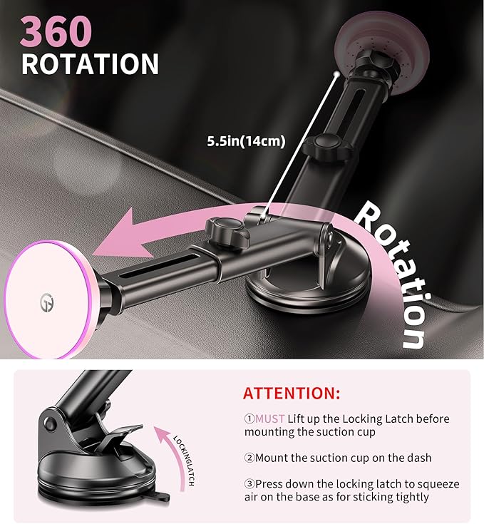 for MagSafe Car Mount Charger Dash/Windshield/Vent Wireless Car Charger with [LED Light], Magnetic Phone Holder for Car for iPhone 17 16 15 14 13 12 Series, Fit MagSafe Accessories (Pink)