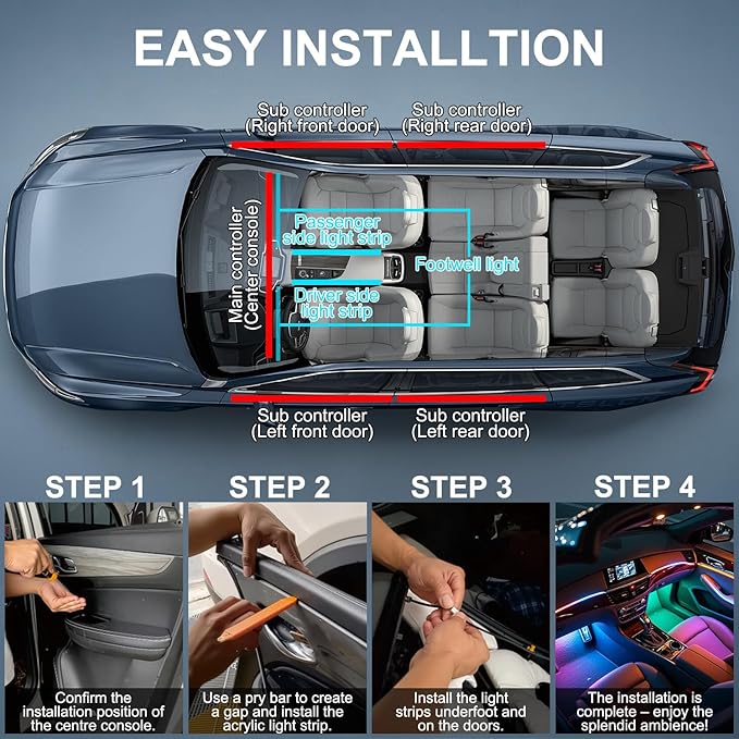 Dreamcolor Acrylic Interior Car LED Strip Lights, 6 in 1 Ambient Lighting Kit with Wireless APP, Dynamic Chasing Music Sync Fiber Optic Lights with DIY Mode, Car Inside Lighting Accessories