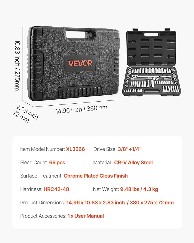VEVOR Socket Set, 69 Pieces, 3/8 & 1/4 inch Drive Socket and Ratchet Set, SAE and Metric, Deep and Standard, Mechanic Tool Kit with Accessories and Storage Case, CR-V Alloy Steel, for Auto Repair