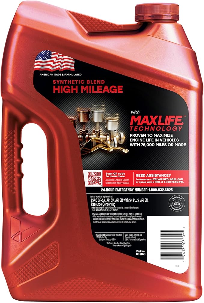 Valvoline High Mileage with MaxLife Technology SAE 5W-30 Synthetic Blend Motor Oil 5 QT, Case of 3 (Packaging May Vary)