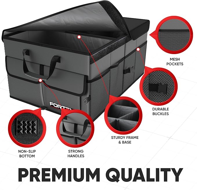 FORTEM Car Trunk Organizer, Collapsible Multi Compartment SUV Organizer, Foldable Storage for Car Accessories for Women Men, 600D Oxford, Non Slip Bottom, Securing Straps, Soft Cover (65L)
