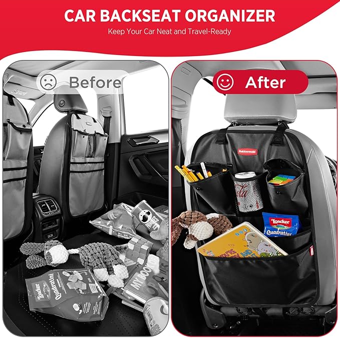 Rubbermaid Backseat Car Organizer, Kick Mats and Seat Back Protector, Car Organizer for Kids with 6 Storage Pockets, Travel Essentials for SUV, Truck, Car - 2 packs Black