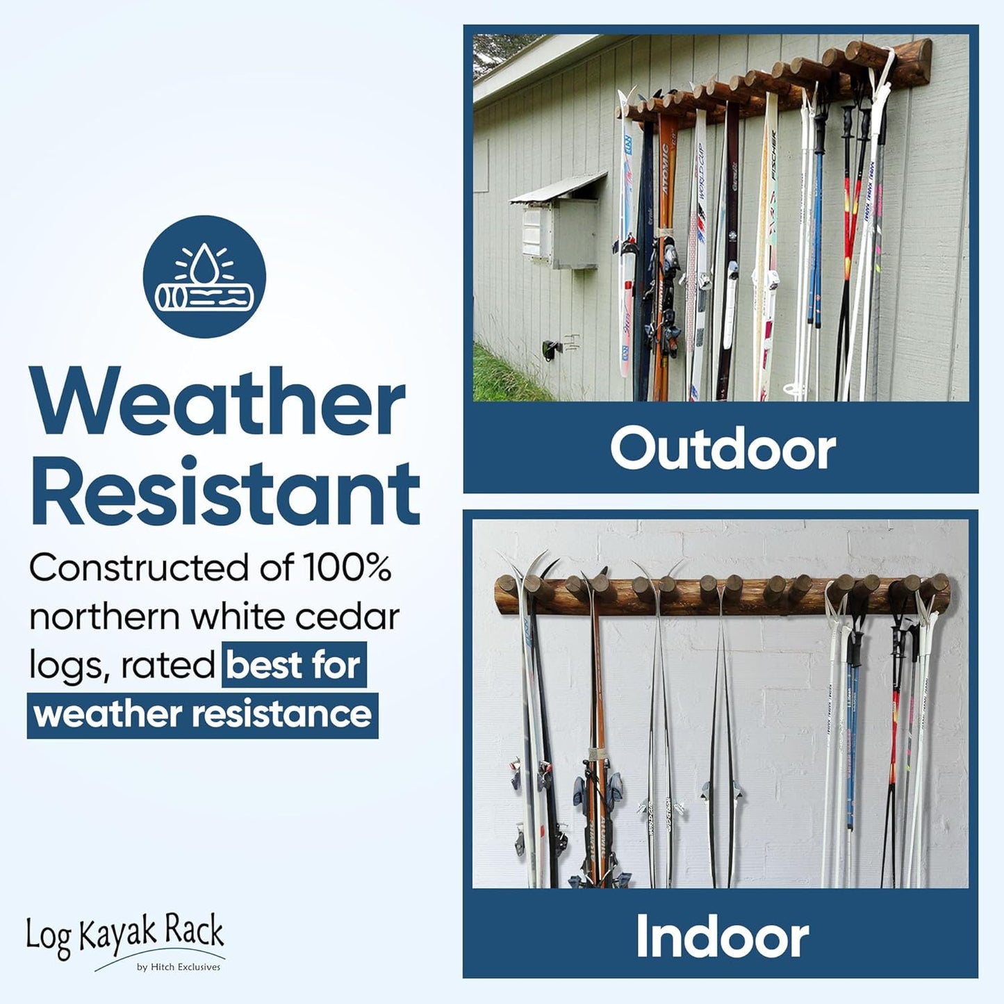 14-Place Log Ski Rack Wall Mount, Indoor Ski Storage Rack for Garage Organizers, Wooden Skis Wall Mount Storage Racks, Pole Skis Sports Racks, Garage Organization Walls - Canyon Brown