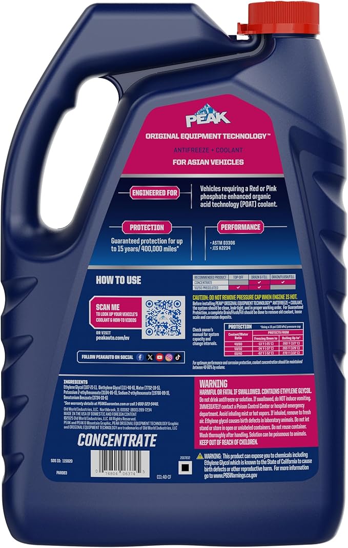 PEAK OET Extended Life Red/Pink Concentrate Antifreeze/Coolant for Asian Vehicles, 1 Gal.