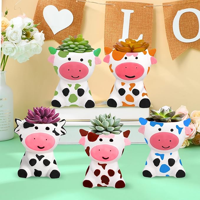 Pasimy 6 Set DIY Ceramic Succulent Planter Pots Paint Your Own Flower Pots Craft Kit Unpainted Bisque Paintable Flowerpot with Brush Palette Ready to Paint for Family Activity Gift(Cow)