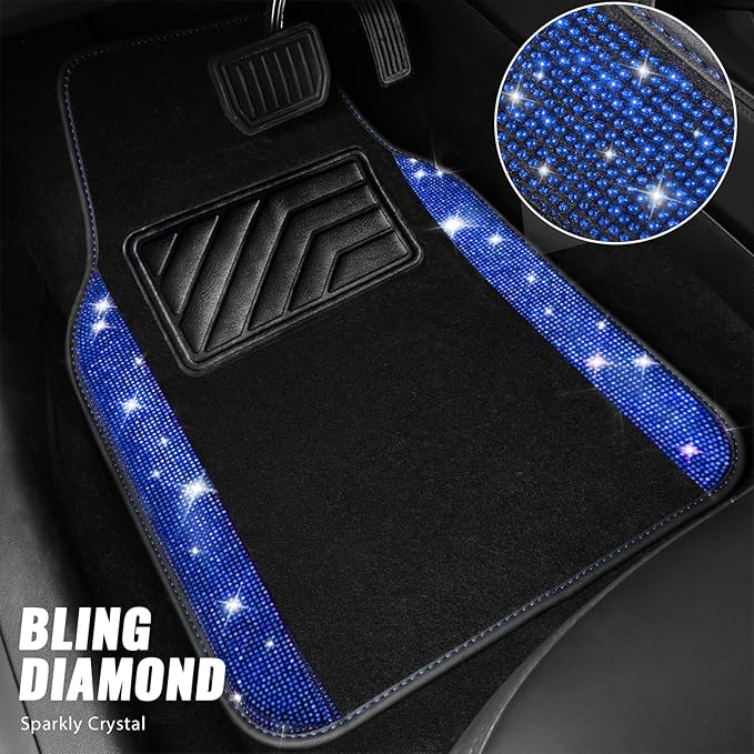 CAR PASS Bling Diamond Leather Steering Wheel Cover 14.5in-15in Floor Mats Shining Rhinestone Carpet Sparkly Glitter Crystal Anti-Slip Pad Fit Automotive SUV Pickup Truck Girl Women, 5pcs Black Blue