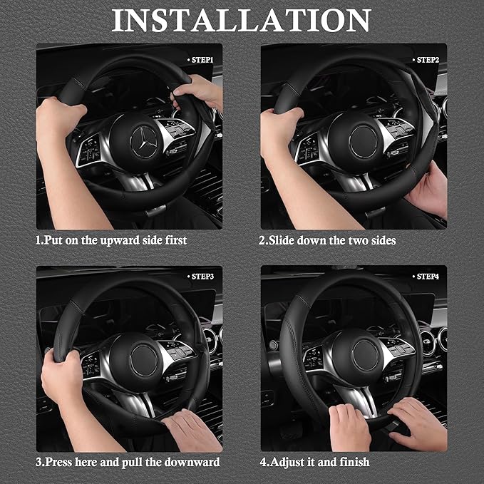 CAR PASS Microfiber Leather Steering Wheel Cover and Waterproof Car Floor Mats,Universal Car Combo Fit for 95% Sedan,SUV,Cars,14.5-15inch Anti-Slip Safety Comfortable Faux Leather Design(Solid Black)
