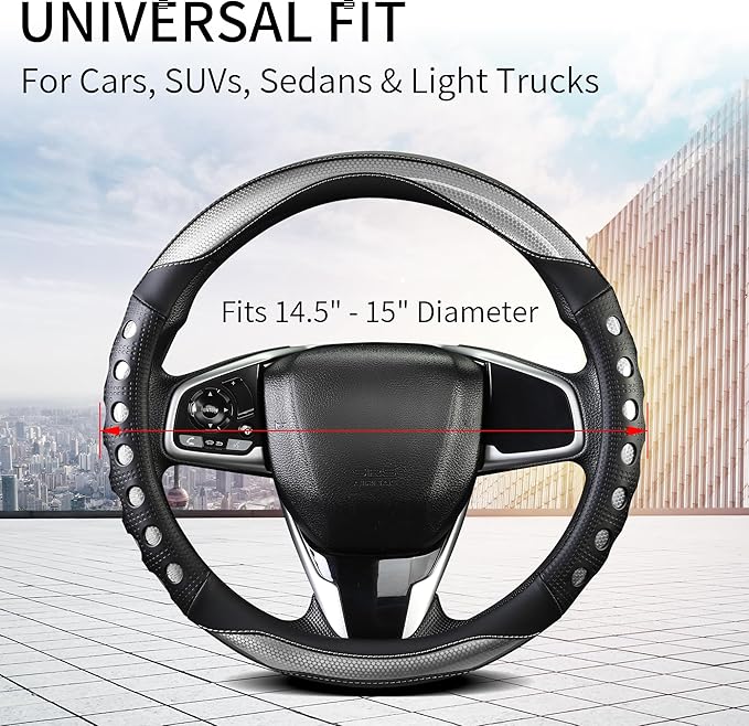 Leather Car Steering Wheel Cover with Anti-Slip Grip, for Women and Men, Universal Fit for 14.5-15 Inch Cars, Trucks, SUVs (Gray (Round), Medium(Standard) Size[14 1/2''-15''])