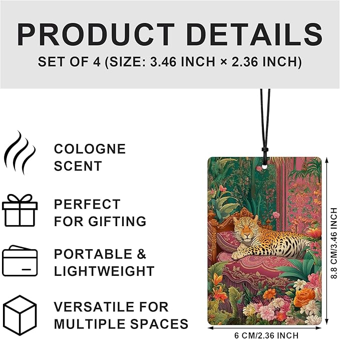 Retro Trendy Leopard Car Air Freshener 4 Pcs, Maximalist Wild Animal Floral Botanical Hanging Air Freshener for Cars Closet Drawer Books Bathroom, Cute Girly Car Accessories for Women