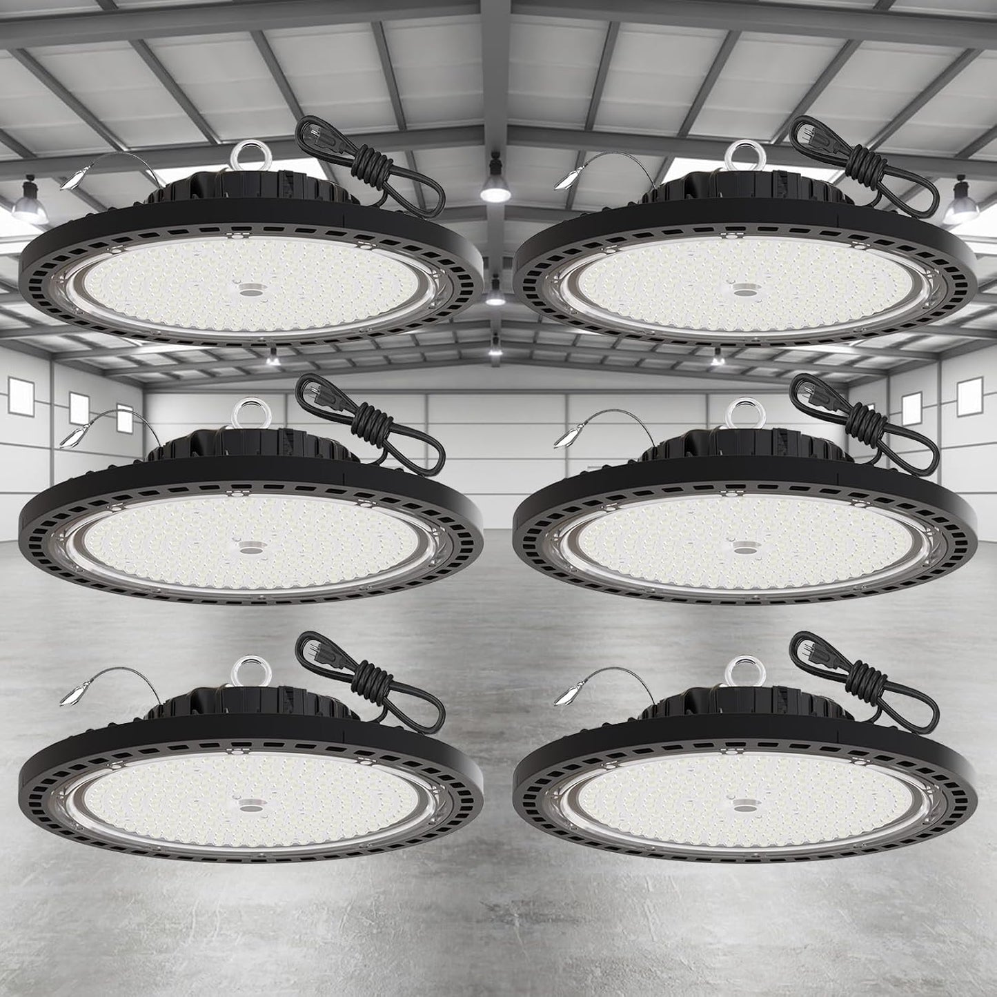 6 Pack UFO LED High Bay Light 250W, 35000 LM, 5000K with 5ft Power Cord, US Plug, Bright LED Shop Light for Basement Commercial Factory Garage Lighting, IP66 Waterproof, AC110-277V, ETL Listded