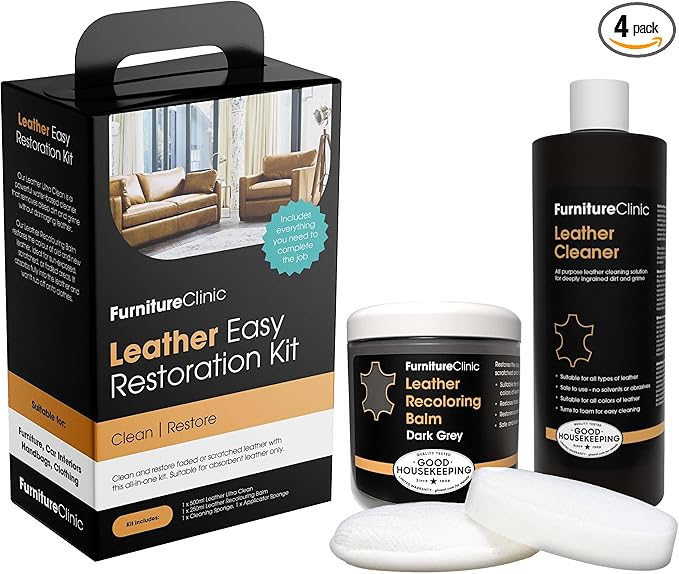 Furniture Clinic Leather Easy Restoration Kit | with Leather Recoloring Balm, Cleaner, Sponge, and Cloth | Leather Repair Kit for Scratched and Faded Furniture (Dark Grey)