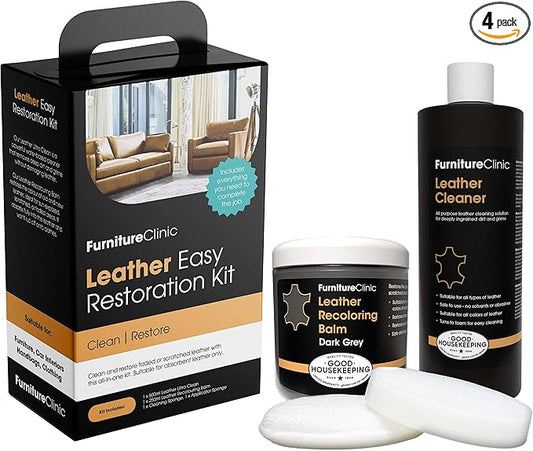 Furniture Clinic Leather Easy Restoration Kit | with Leather Recoloring Balm, Cleaner, Sponge, and Cloth | Leather Repair Kit for Scratched and Faded Furniture (Dark Grey)