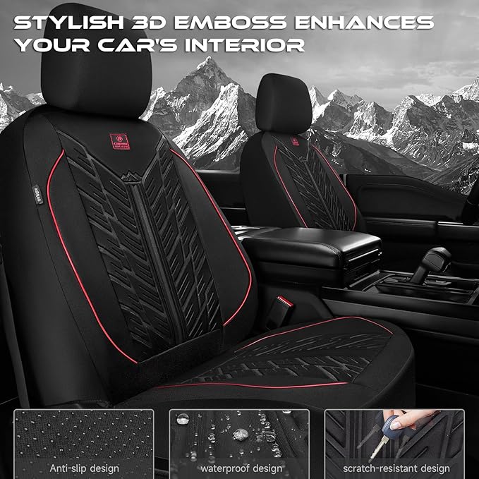 CAR PASS Waterproof Car Seat Covers Front Seats,Neoprene Seat Covers 3D Tyre Embossed,All-Weather Automotive Seat Cover Non-Slip Durable,Universal Fit for SUVs Cars Trucks, Airbag Compatible,Black Red