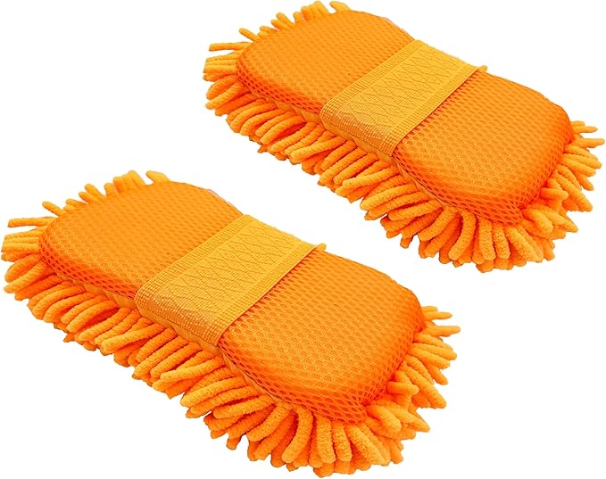 Microfiber Car Wash Sponge-Non-Scratch Wash Mitt-Two Sided Chenille Microfiber Washing Sponge-Mitt for Cars, Trucks, SUVs, Boats (2 Pack Orange)