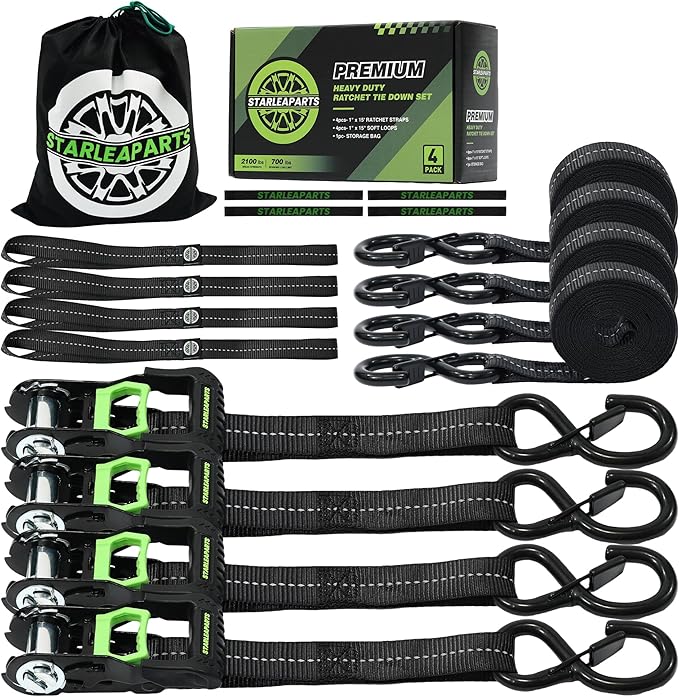 Motorcycle Tie Down Strap (4PK) - 2,100lb Break Strength Premium 15ft Ratchet Tie Down Straps Set, Soft Loop Ratchet Straps for Moving Appliances, Lawn Equipment, Cargo Straps for Trucks (Black)