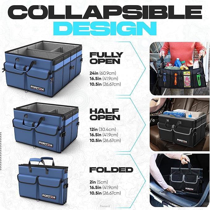 FORTEM Trunk Organizer For SUV Car Trunk Organizer, Foldable Storage, Car Accessories for Women Men, Collapsible Multi Compartment, 600D Oxford, Non Slip Bottom, Securing Straps, Soft Cover (65L)