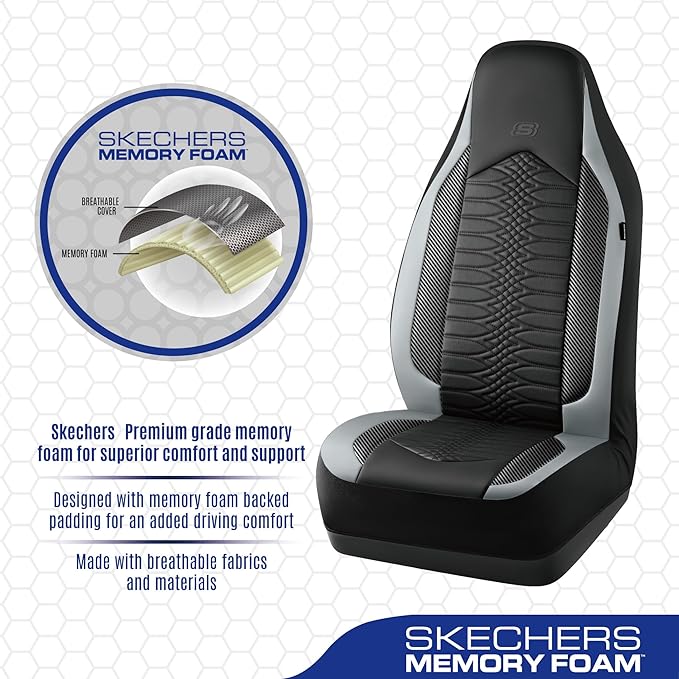 Skechers Memory Foam Car Seat Covers, Leather High Back Seat Covers Quilting Design,Waterproof Sports Car Seat Covers Front Seats,Airbag Compatible, Universal Fit for Most Cars, SUVs,Trucks,Gray