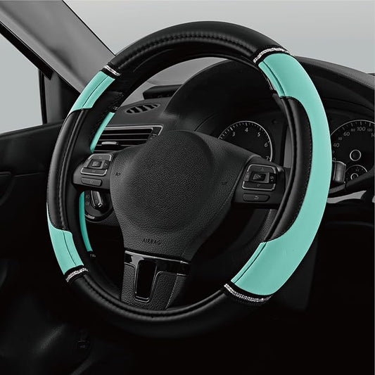 Road Comforts Leather Steering Wheel Cover - Made with PVC Leather - Anti-Slip, Universal Fit 14 1/2 inches to 15 inches - Mint