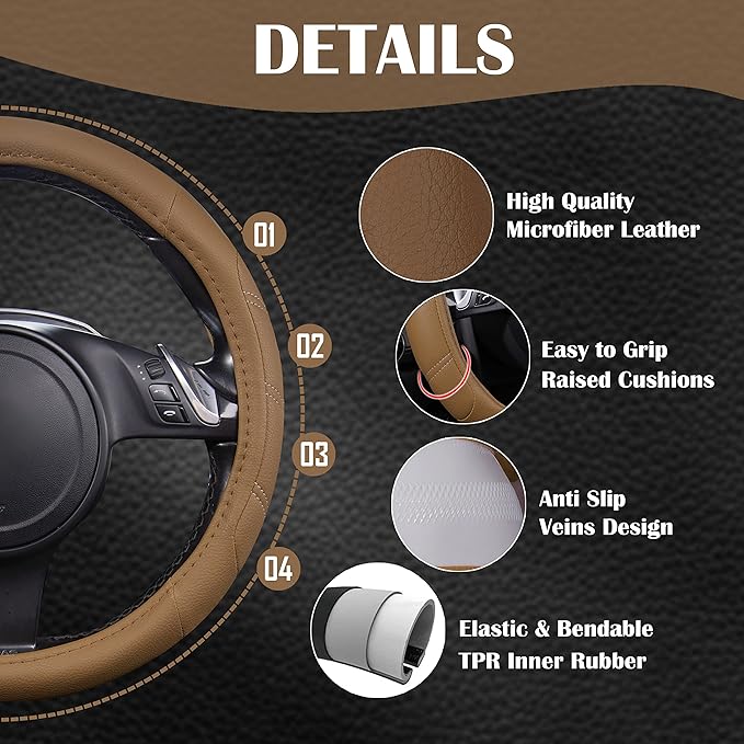 CAR PASS Line Rider Microfiber Leather Sporty Steering Wheel Cover Universal Fits for 95% Truck,SUV,Cars, Anti-Slip Safety Comfortable Desgin (Pure Brown)