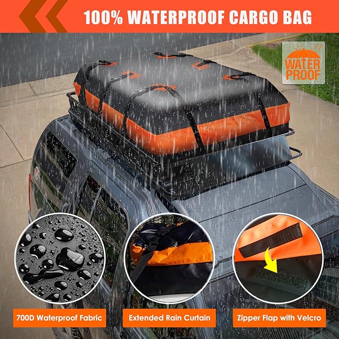 MeeFar Roof Rack Carrier Basket Universal Rooftop 65" X 39" X 6" Large Size Roof Rack + Waterproof Bag 20 Cubic Feet (51" 40" 17"), and Cargo Net with Attachment Hooks, Ratchet Straps