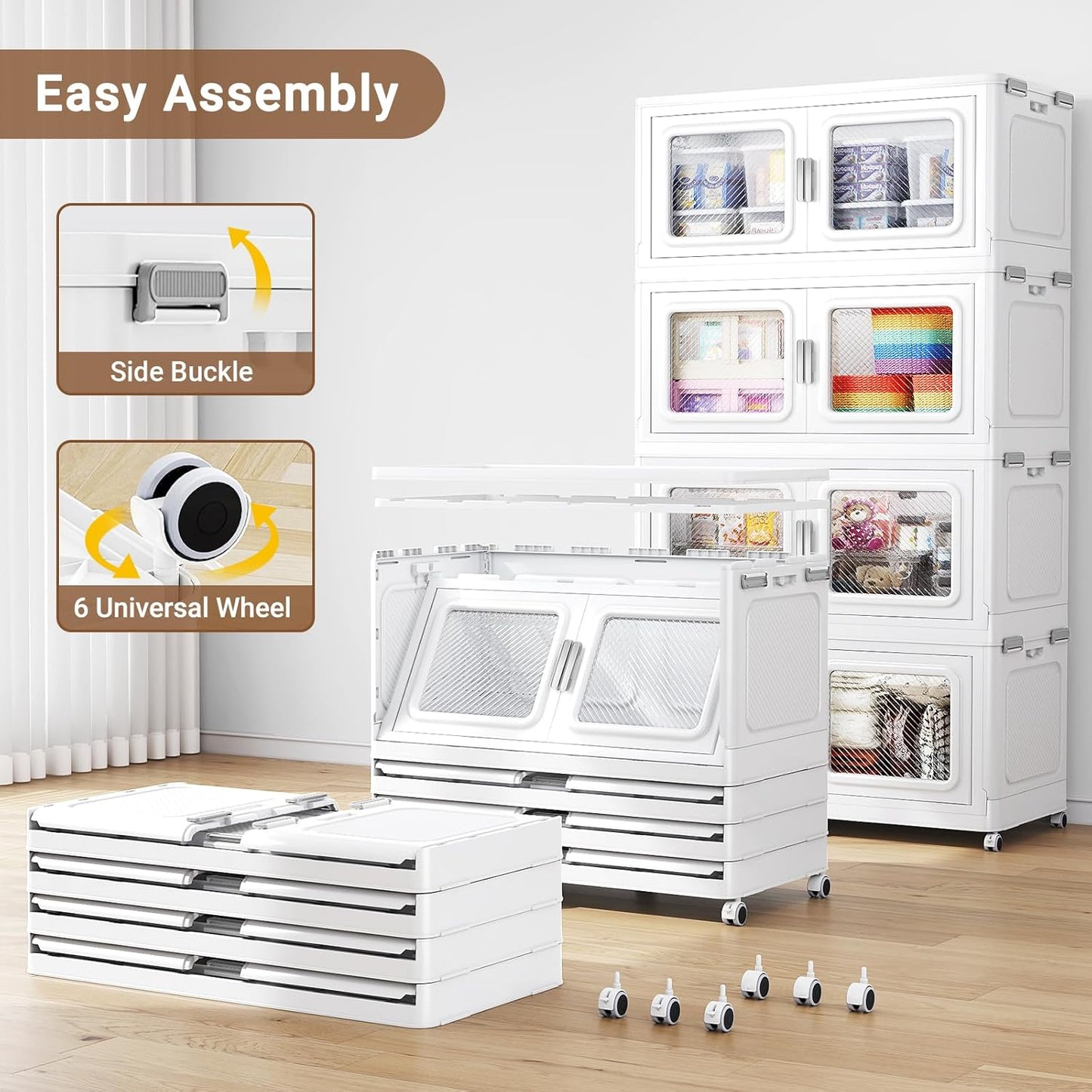 880 Qt Stackable Storage Bin with Lid, 220Gal Extra Large Collapsible Storage Boxes, Folding Plastic Drawer, Heavy-Duty Store Cabinet, Closet Organizer for Home Kitchen, 4 Pack White