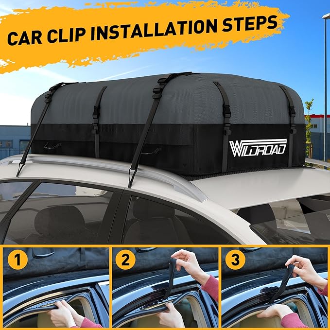 Rooftop Cargo Carrier Bag, WILDROAD 21 Cubic Feet 600D Ultra Anti-Tear Fabric Waterproof Car Roof Bag, Soft-Shell Roof Bag with Storage Bag, Anti-Slip Mat and 6 Door Hooks Fits Car with/Without Racks