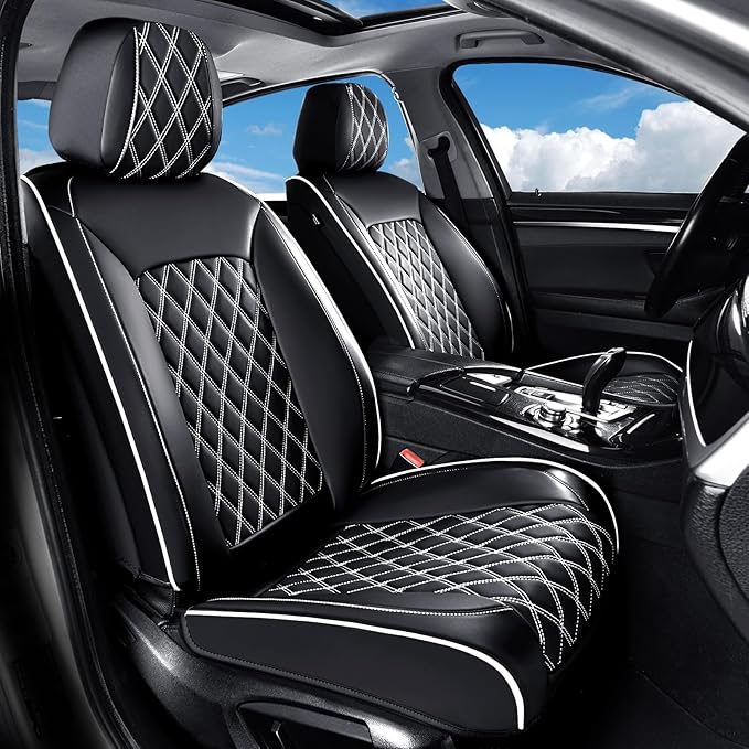 Huidasource Driver Seat Cover, Faux Leather Auto Front Seat Covers, Car Seat Covers Front Seats Universal Fit for Most Cars, Van, Truck, SUV, Fit for Honda Civic Nissan etc (Front Pair/Black&White)