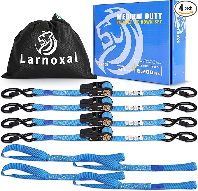 Ratchet Straps 4 Pack - 2,200 Lbs Break Strength 1 in x 15 Ft Medium Duty Ratchet Tie Down Straps with S Hooks Set for Truck, Cargo Van, Trailer, Motorcycle (Blue)