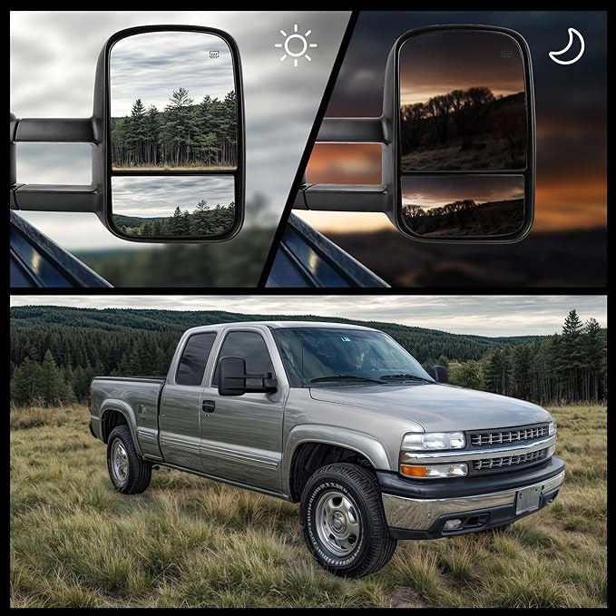 DWVO Towing Mirrors Compatible with 1999 2000 2001 2002 Chevy Silverado GMC Sierra 1500 2500 3500, 2000 Chevy Tahoe GMC Yukon Heated Folding Manual Power Telescoping Tow Mirrors Pair Set