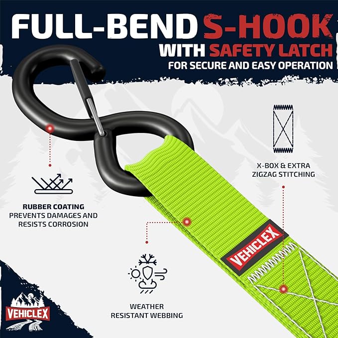 Ratchet Tie-Down Straps Set - (1" x 15', 2200lbs Breaking Strength) - Vehiclex Soft Loops, Coated S-Hooks, Storage Bag for ATV, Motorcycle, Bicycle, Kayak, Cargo Securing, Green