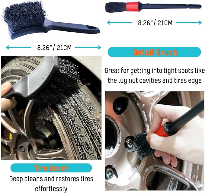 6PCS Car Wheel Cleaning Detailing Pro Kit, Tire Brush, 2 PCS Soft Woolies Rims Brush, Detailing Brush, and Tire Dressing Pads, Scratch-Free & Multipurpose Tire Brush