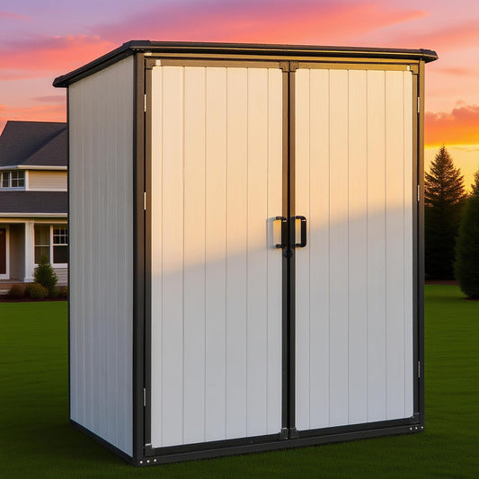 5x3 FT Resin Outdoor Storage Shed with Floor, Waterproof Resin Cabinet with Lockable Doors, Plastic Tool Shed for Patio Furniture, Bikes, Accessories,White+Black